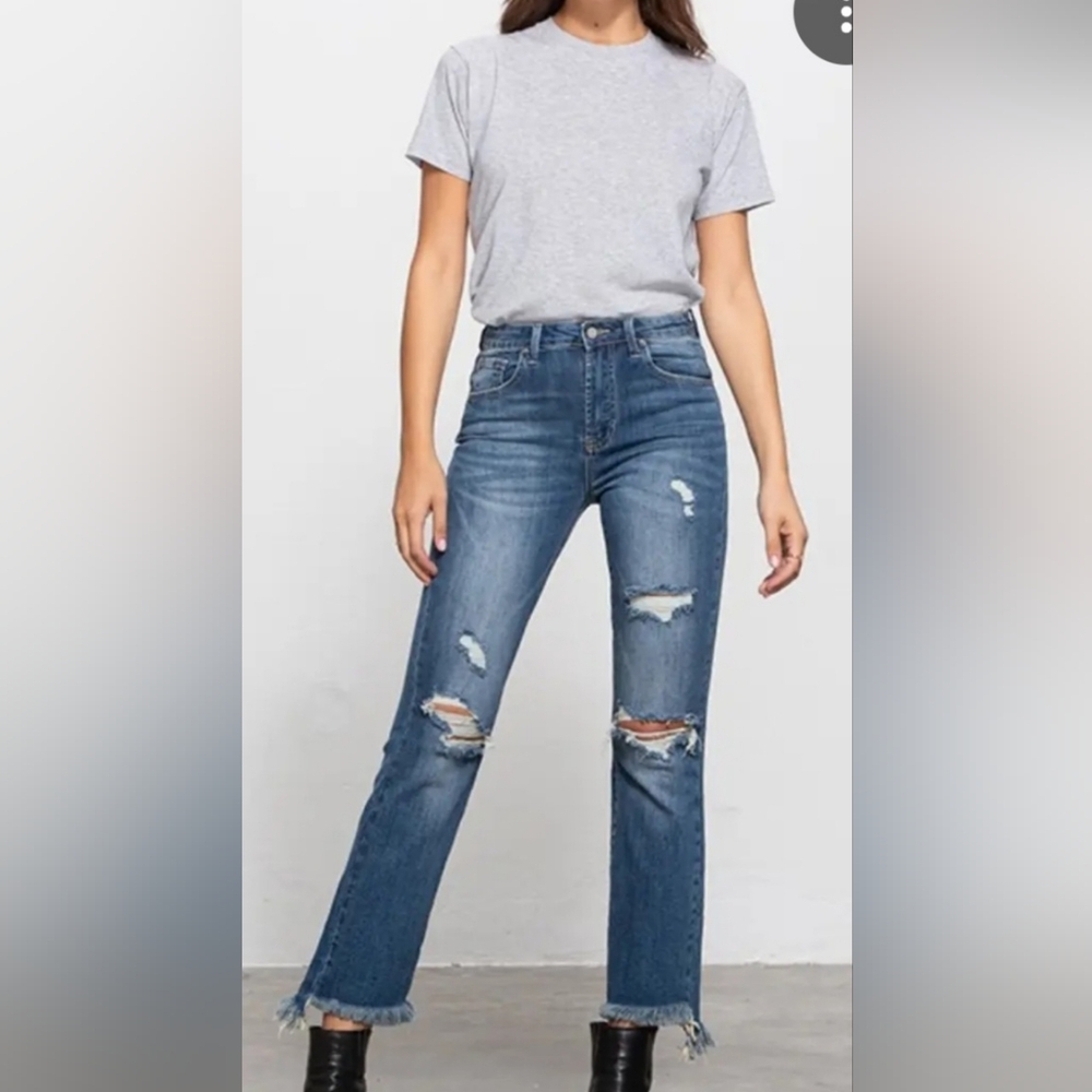 High-Rise Straight Leg Distressed Jeans in Medium Blue